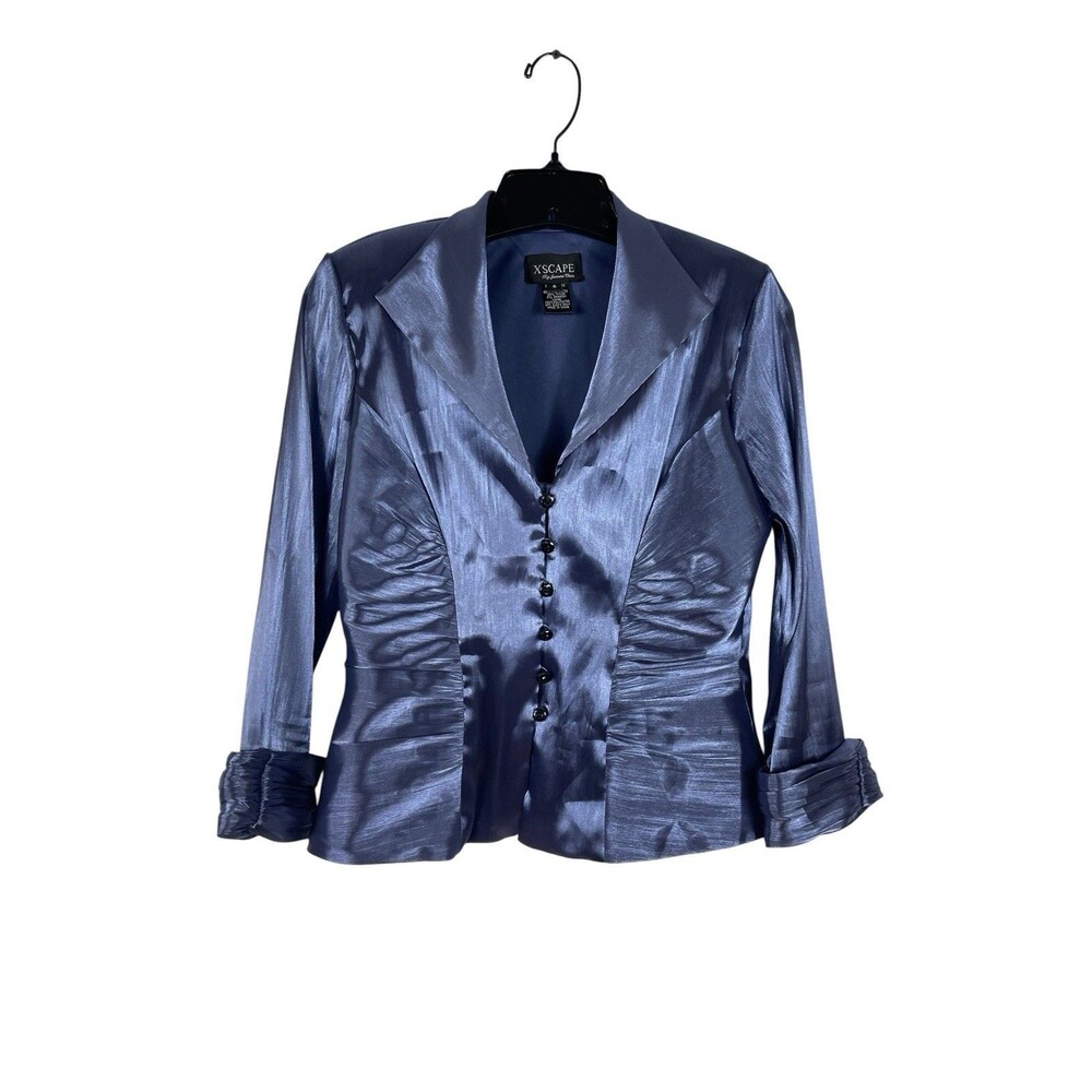 Xscape Joanna Chen Womens S Corporate Club Top Blue Ruched Button Front Y2K